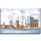 Preview: Leinwand 40 x 30 cm Keilrahmen Canvas-Leinen Aquarell Maritim Kunst Druck Kunstdruck Nordsee Hamburg Segelschiff Elbphilharmonie - HH5